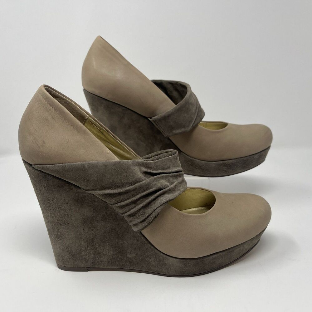 Seychelles Wide Cinch Platform Wedge Heels Women's Size 11 Gray Tan Suede
